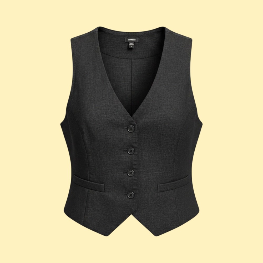Express Women Black Linen Blend Button Front Tailored Vest Mediumโ NWT 90s Vibe